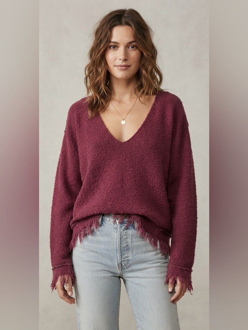 Free People V-Neck Frayed Hem Sweater